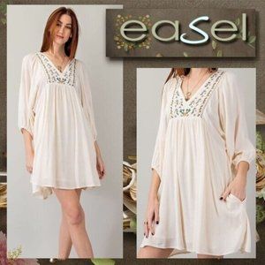 EASEL Lined Gauze Babydoll Mini Dress Floral Embroidery and Puff Bubble Sleeves